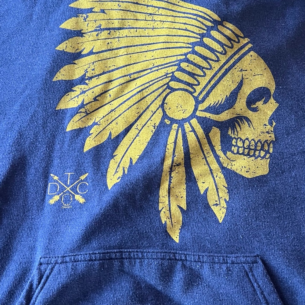 DTC Blue Hoodie with Yellow Skull Feather Design